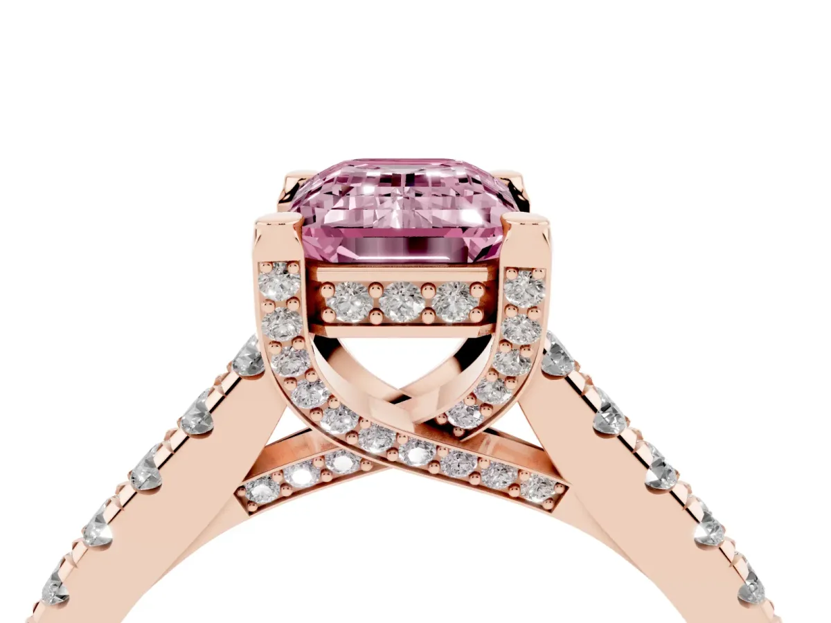 Fancy Pink Emerald Cut Brilliant Diamond Solitaire with Pavé Band and Four-Prong Setting Rose gold