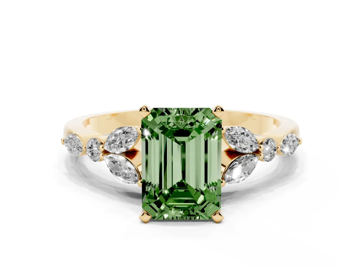 Fancy Green Emerald Cut Diamond Solitaire Ring with Side Stones and Four-Prong Setting Yellow gold