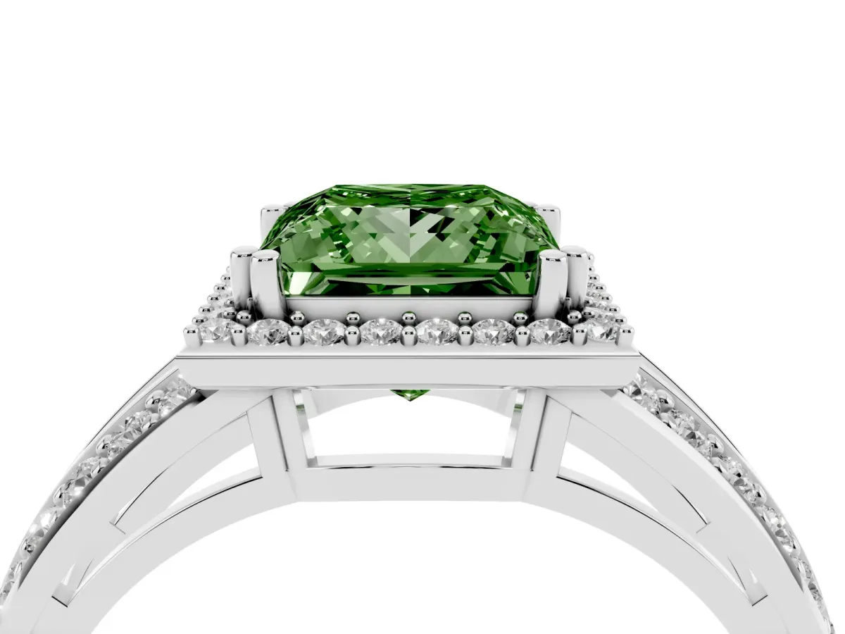 Fancy Green Princess Cut Diamond Halo Ring with Split Shank Pavé Band and Four-Prong Setting Platinum