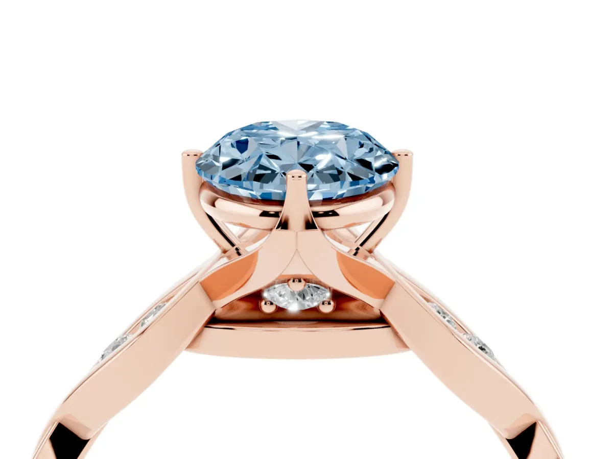 Fancy Blue Oval Cut Solitaire Twist Band with Leaf Prong Setting Rose gold