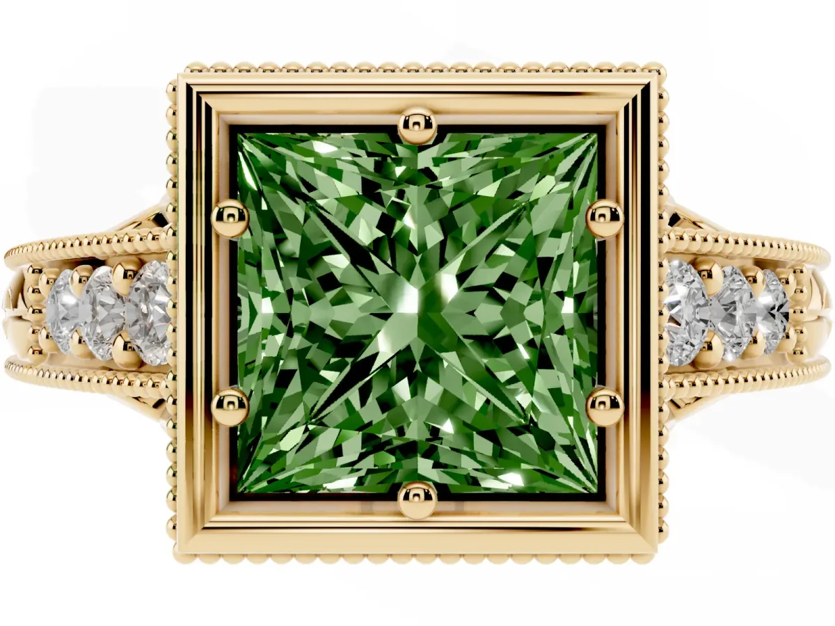 Fancy Green Bezel Set Princess Cut Diamond Milgrain Pave Engagement Ring Yellow gold