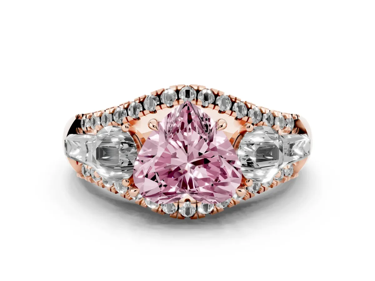 Fancy Pink Three-Stone Heart Cut Diamond Engagement Ring with Pave Band and Prong Setting Rose gold