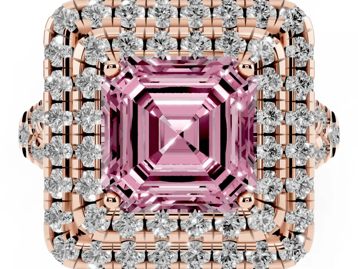 Fancy Pink Double Halo Asscher Cut Diamond Pavé Split Shank Ring with Prong Setting Rose gold