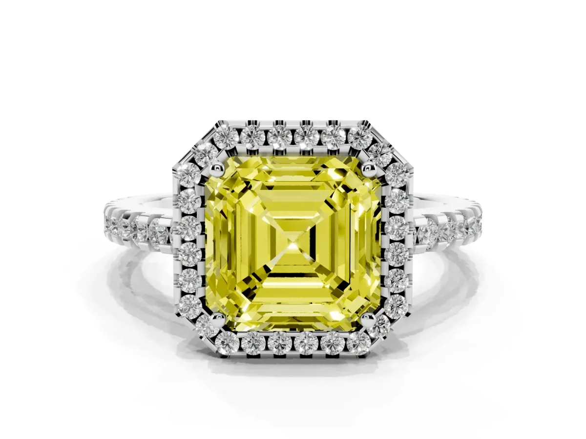Fancy Yellow Asscher Cut Diamond Halo Engagement Ring with Pavé Band and Prong Setting White gold