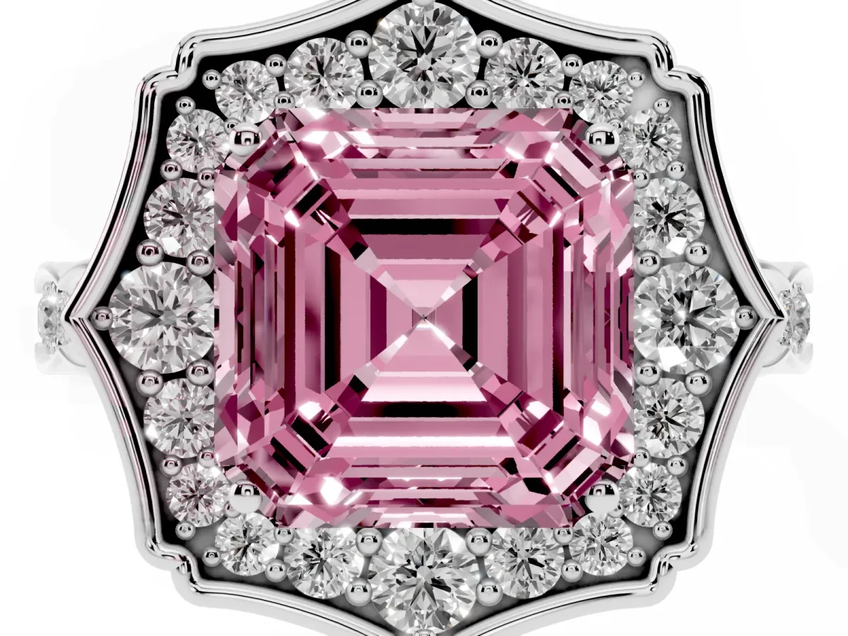 Fancy Pink Asscher Cut Halo Diamond Engagement Ring with Milgrain Band and Four-Prong Setting Platinum