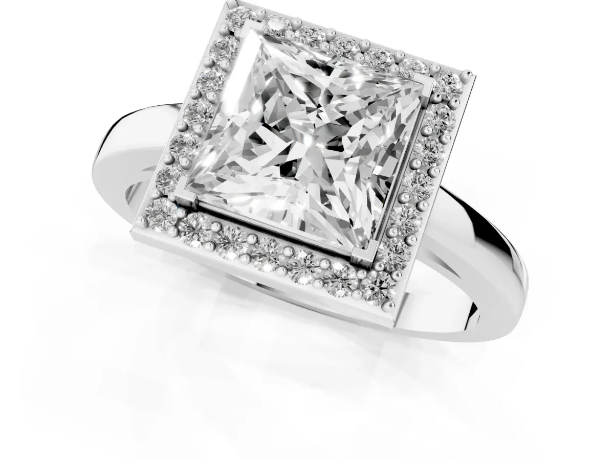 Princess Cut Halo Diamond Ring with Solitaire Band and Prong Setting Silver