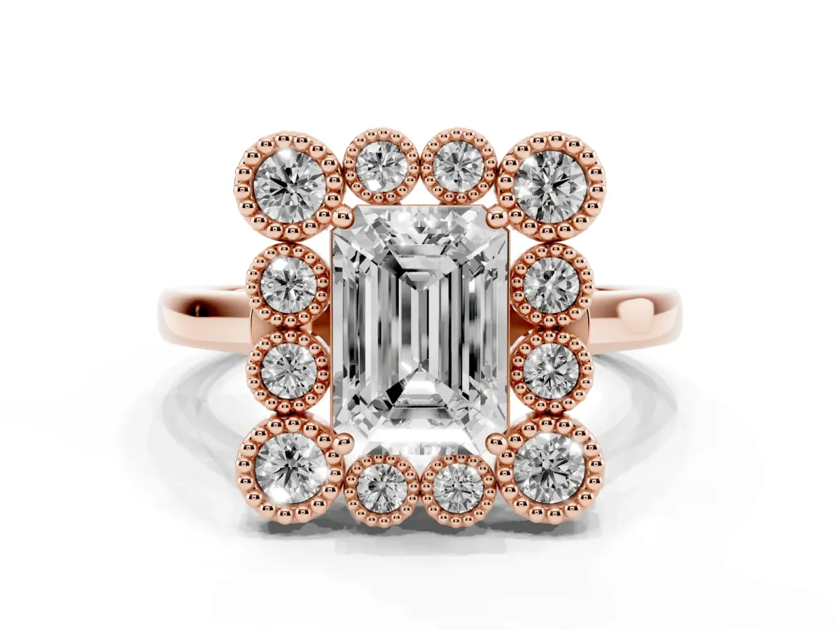 Emerald Cut Halo Diamond Cluster Engagement Ring with Milgrain Bezel Setting and Solitaire Band Rose gold