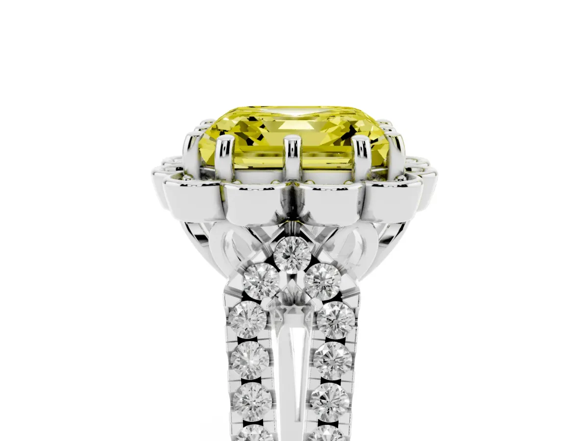 Fancy Yellow Asscher Cut Halo Diamond Floral Split Shank Engagement Ring Silver