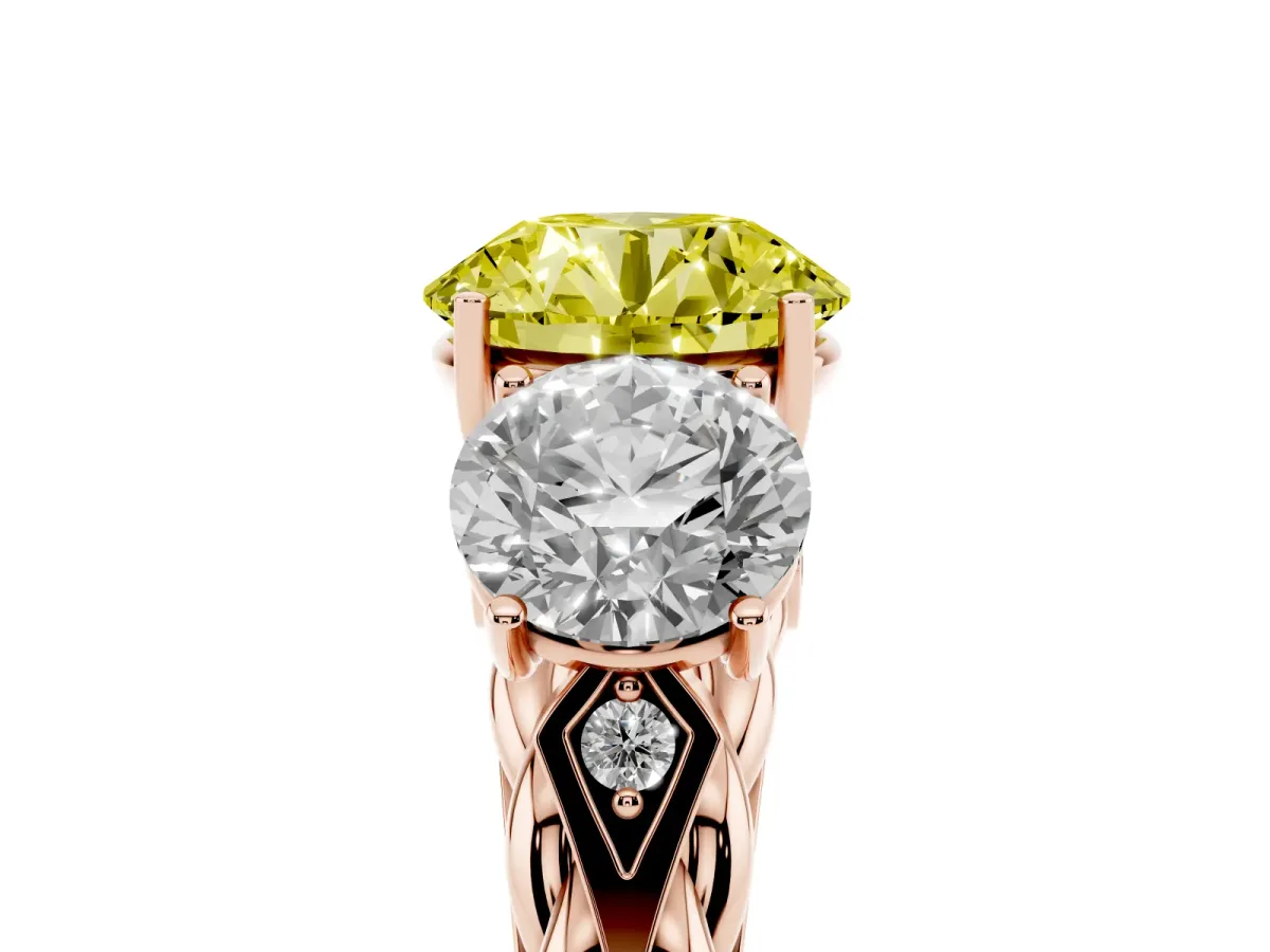 Fancy Yellow Three-Stone Round Cut Diamond Braided Band Ring with Four-Prong Setting Rose gold