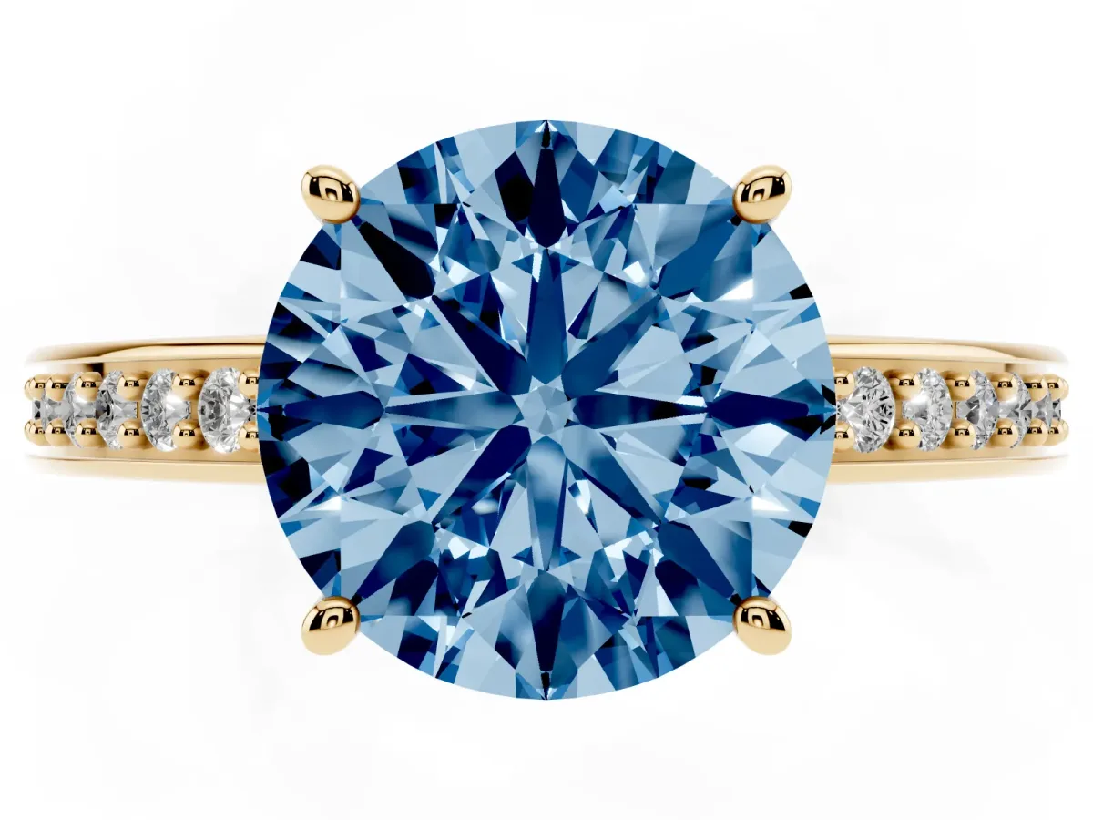 Fancy Blue Round Cut Solitaire Pavé Band Prong Setting Ring Yellow gold