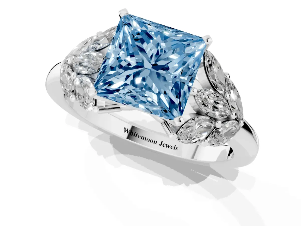 Fancy Blue Princess Cut Diamond Cluster Leaf Design Ring with Prong Setting Silver