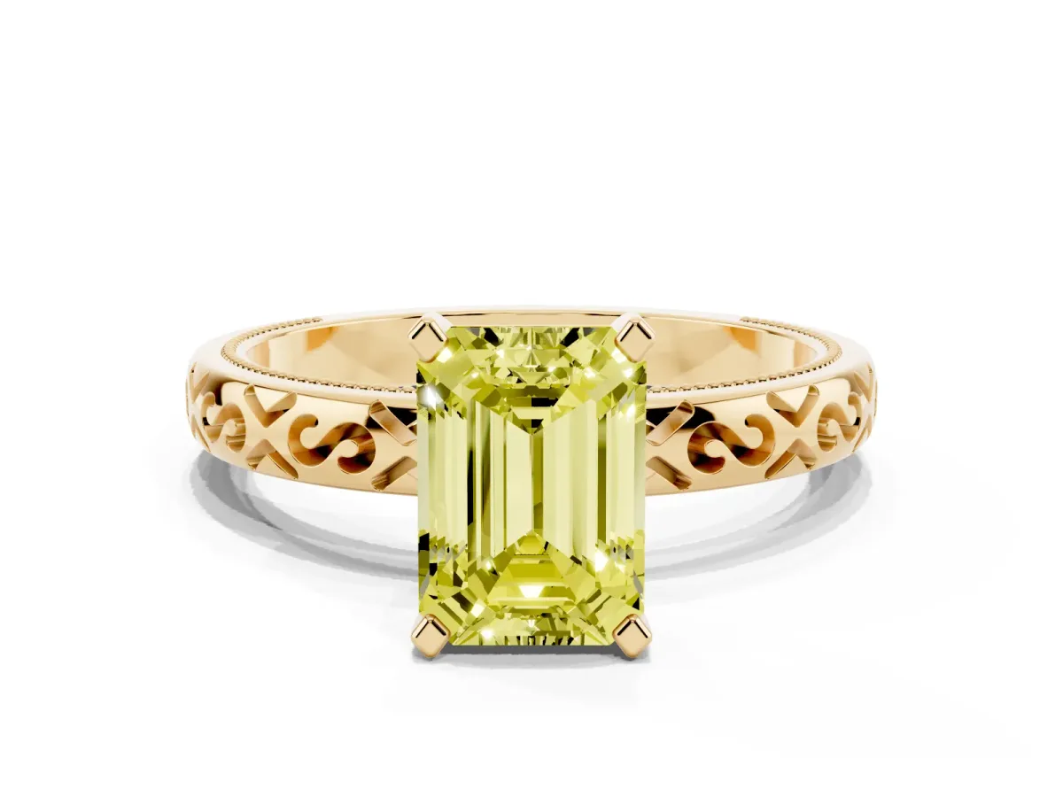 Fancy Yellow Emerald Cut Solitaire Engagement Ring with Scrollwork Band and Four-Prong Setting Yellow gold