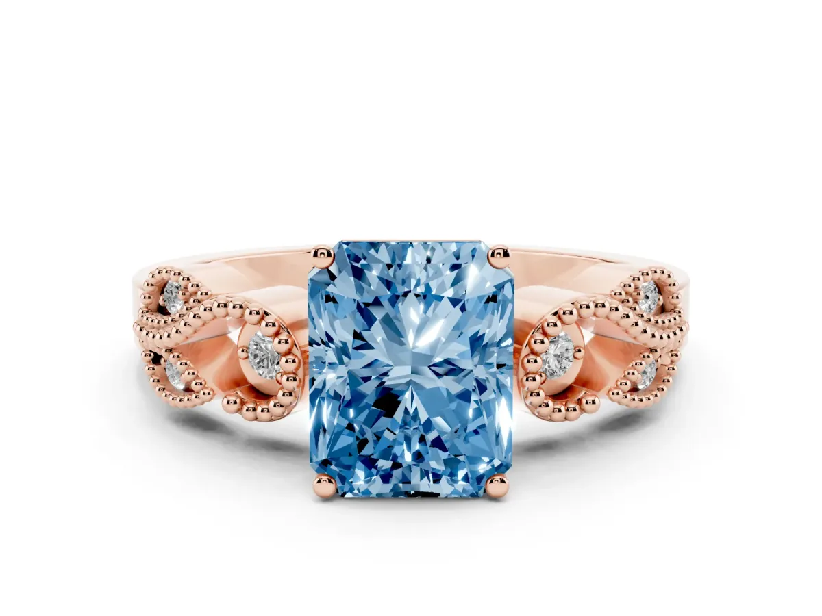 Fancy Blue Radiant Cut Solitaire Milgrain Leaf Band with Prong Setting Rose gold