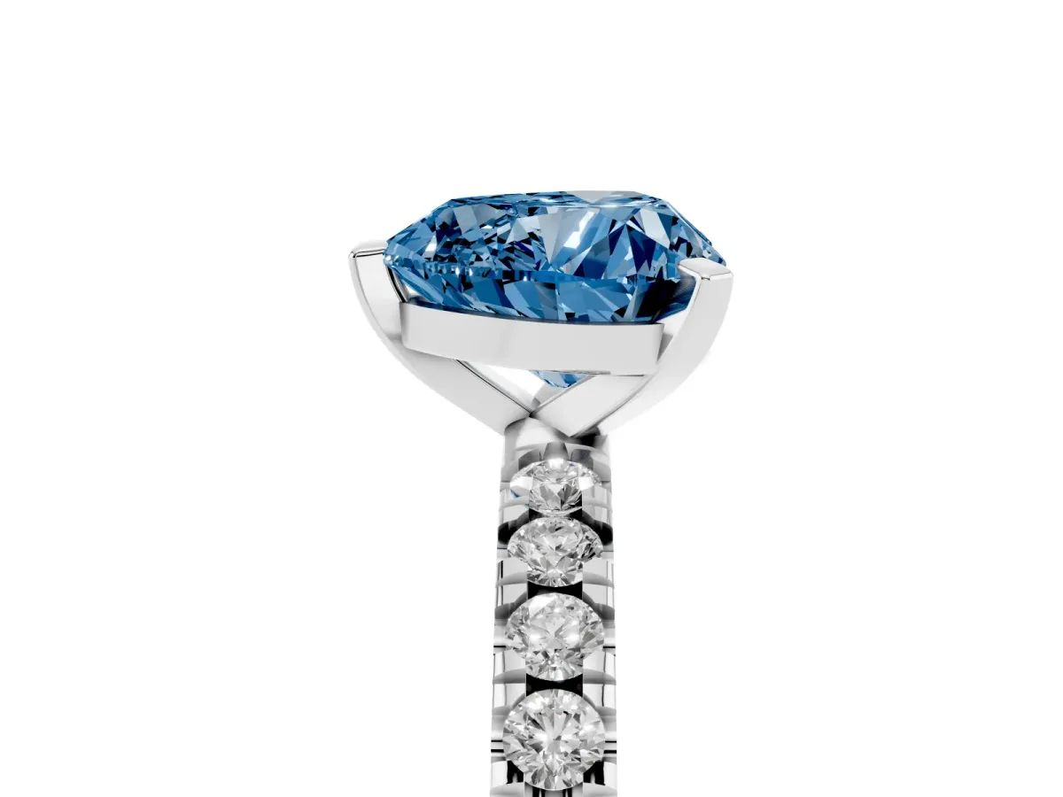Fancy Blue Heart Cut Diamond Pavé Band Solitaire with Four-Prong Setting Silver