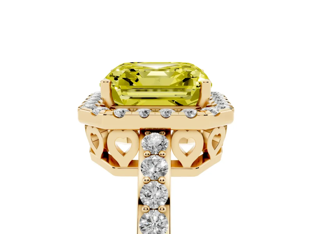 Fancy Yellow Asscher Cut Halo Diamond Pavé Band Ring with Prong Setting Yellow gold