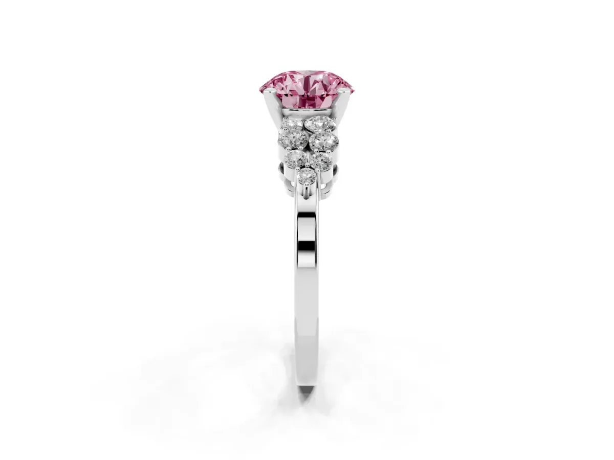 Fancy Pink Round Cut Cluster Diamond Engagement Ring with Pavé Band and Four-Prong Setting Platinum