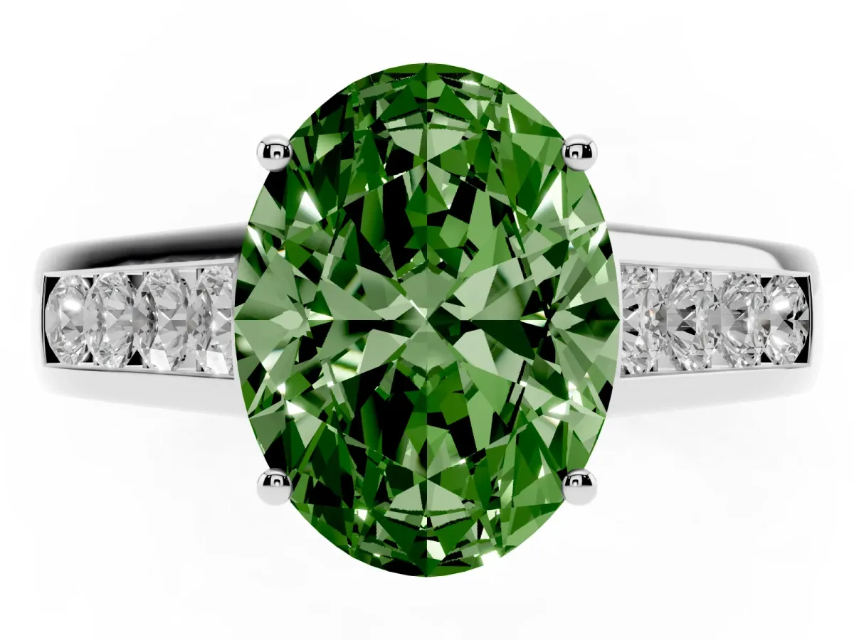 Fancy Green Oval Cut Solitaire Channel-Set Diamond Engagement Ring with Four-Prong Setting Silver