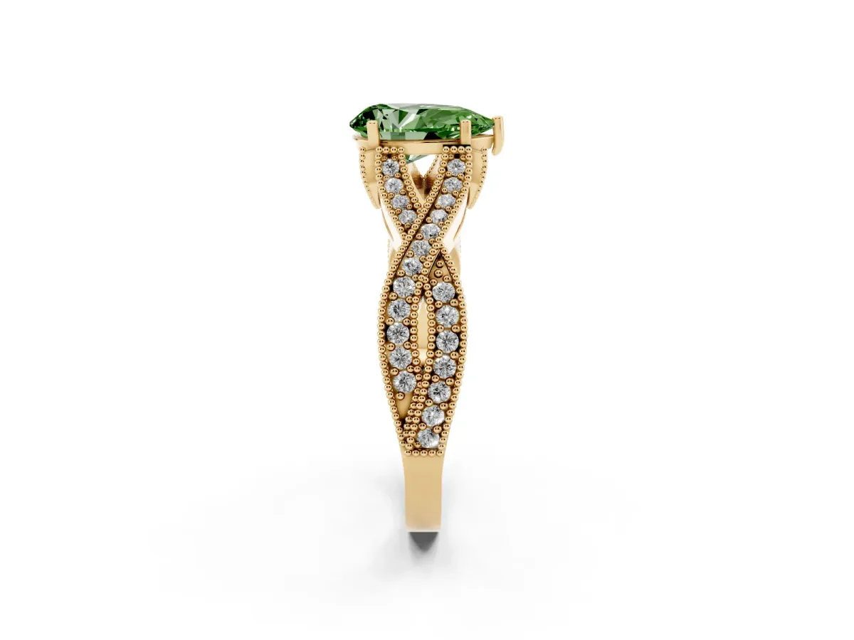 Fancy Green Pear Cut Cut Diamond Twisted Band with Milgrain Pave Setting and Four-Prong Setting Yellow gold