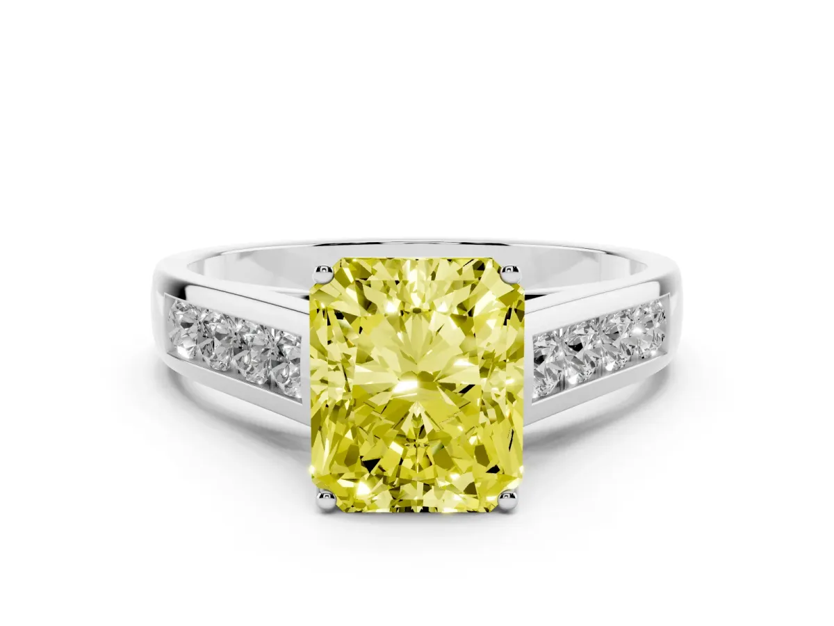 Fancy Yellow Radiant Cut Brilliant Channel-Set Solitaire Ring with Four-Prong Setting Platinum