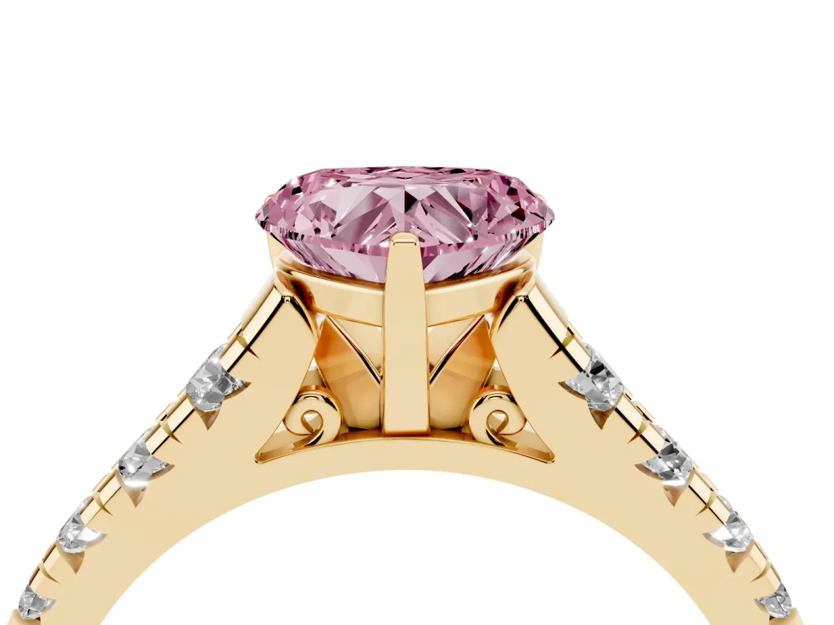 Fancy Pink Heart Cut Diamond Cathedral Solitaire Ring with Round Pavé Band Yellow gold