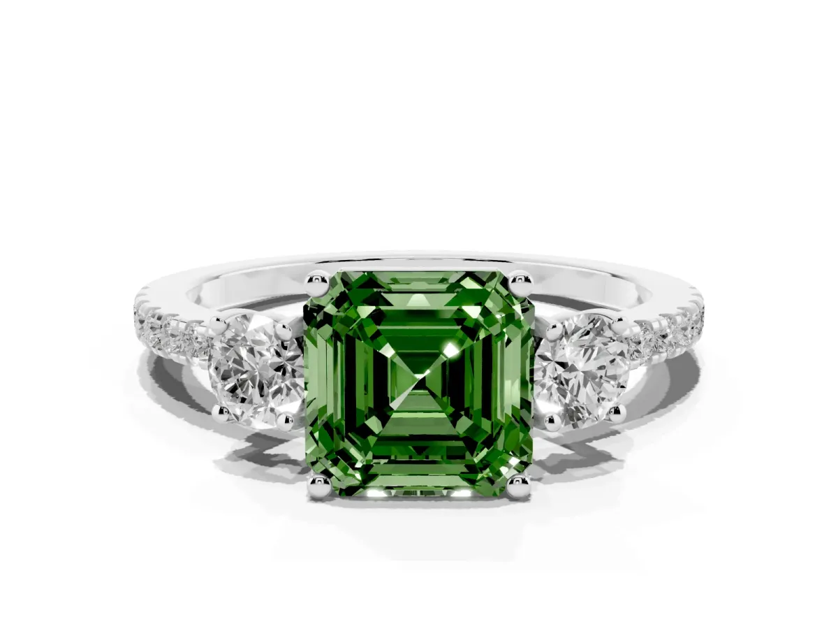 Fancy Green Three-Stone Asscher Cut Cut Diamond Pavé Band with Prong Setting Silver