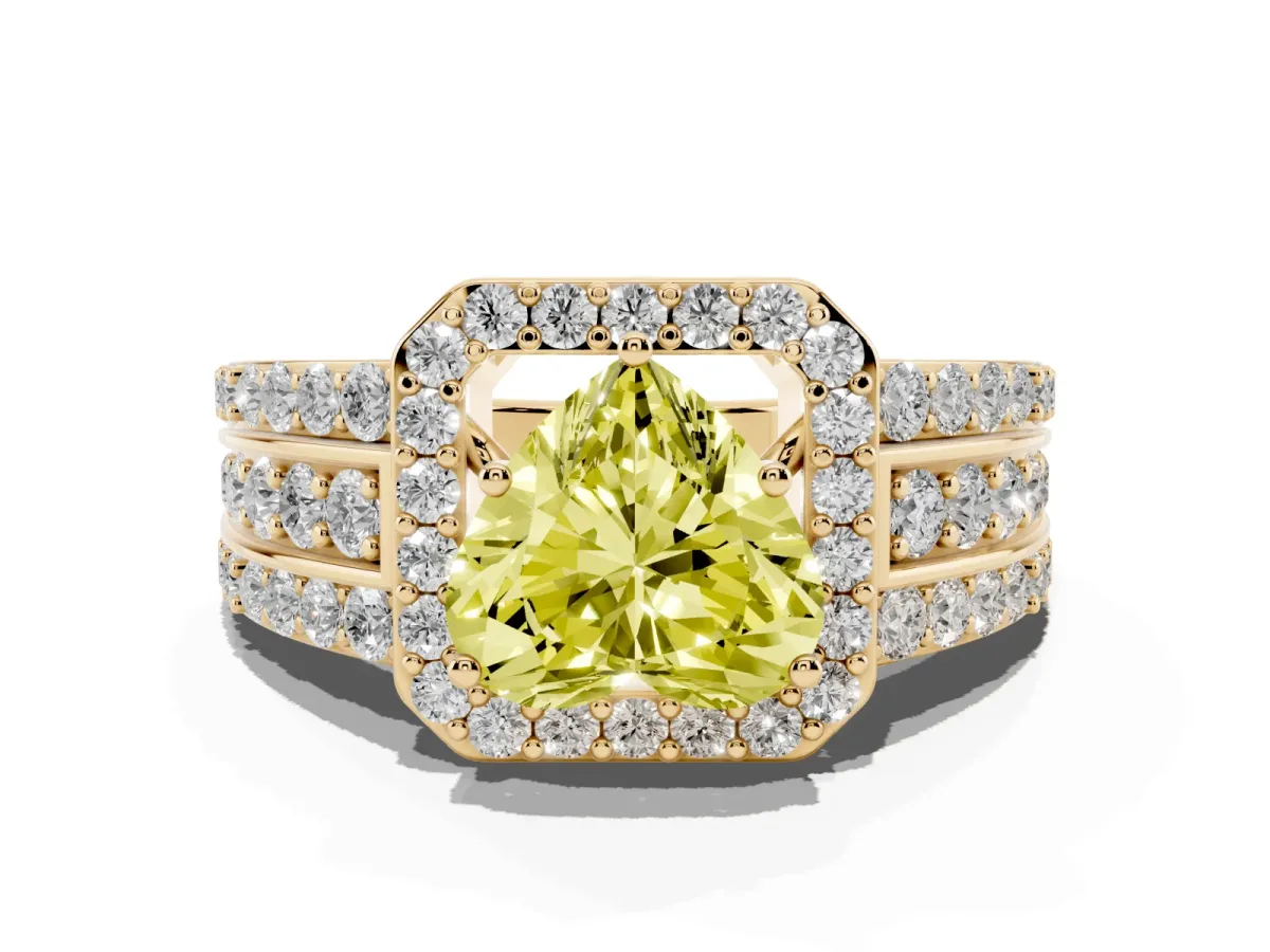 Fancy Yellow Heart Cut Halo Diamond Ring with Round Split Shank and Prong Setting Yellow gold