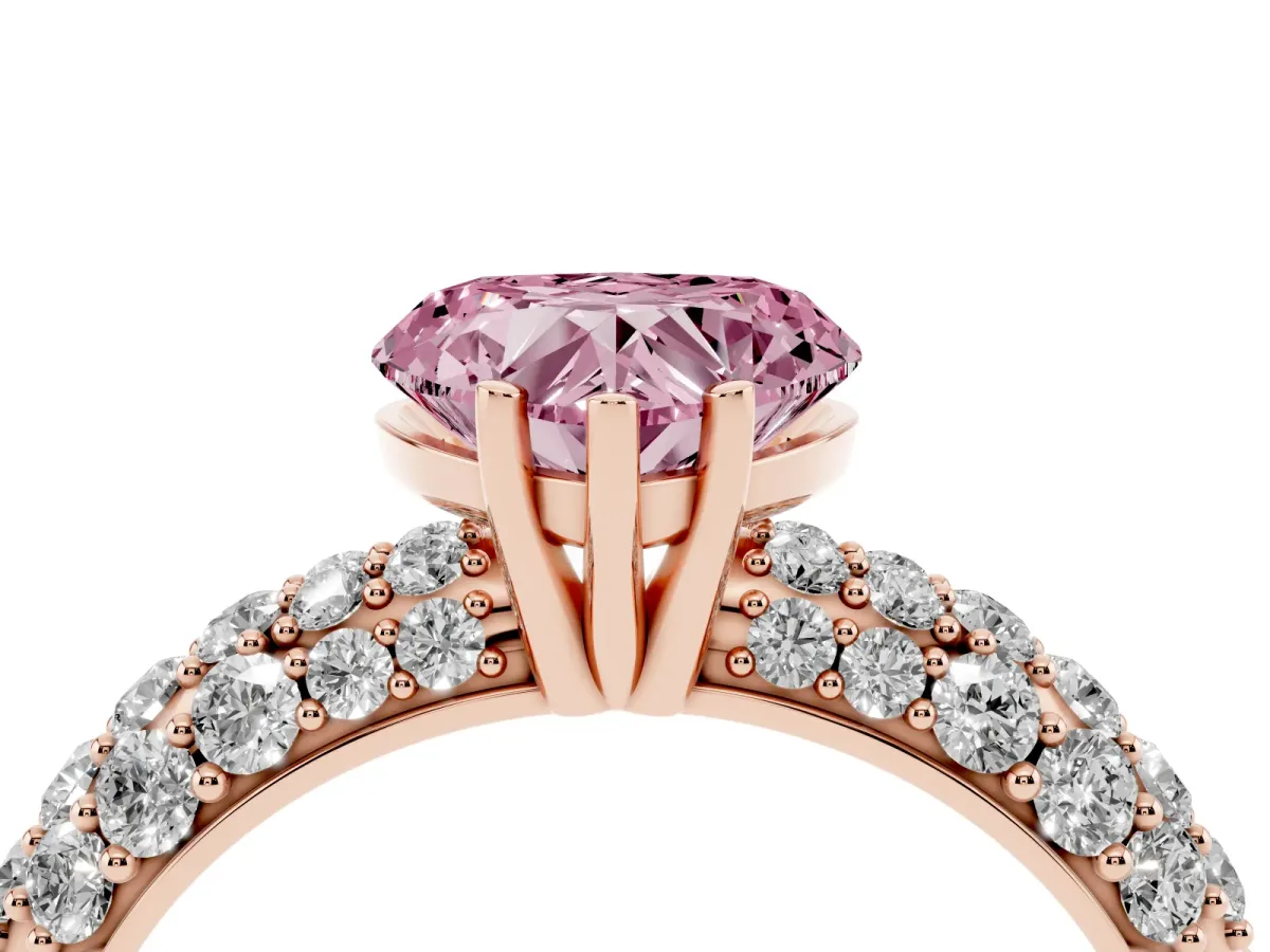 Fancy Pink Heart Cut Diamond Pavé Band Solitaire Ring with Four-Prong Setting Rose gold