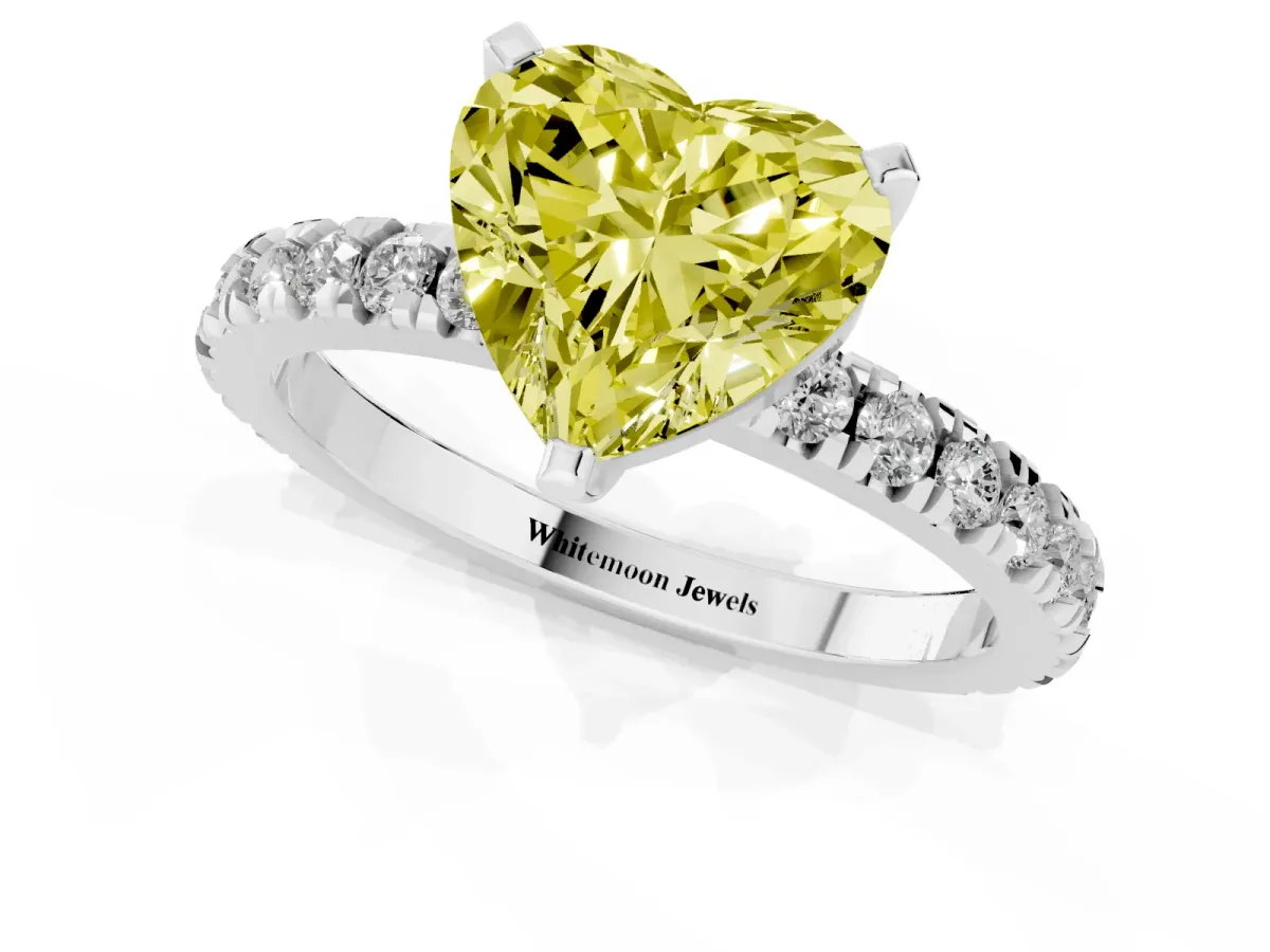 Fancy Yellow Heart Cut Diamond Pavé Band Solitaire with Four-Prong Setting Silver