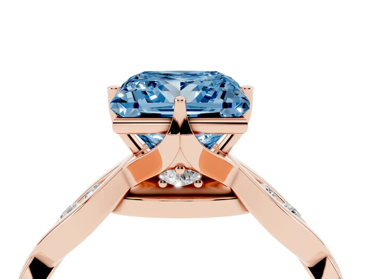 Fancy Blue Princess Cut Solitaire Twist Band with Leaf Prong Setting Rose gold