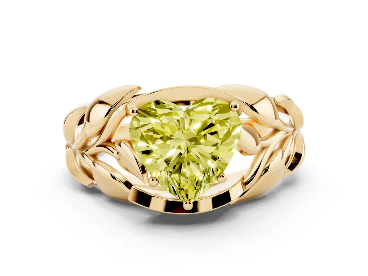 Fancy Yellow Heart Cut Diamond Leaf-Inspired Engagement Ring with Round Accents and Prong Setting Yellow gold