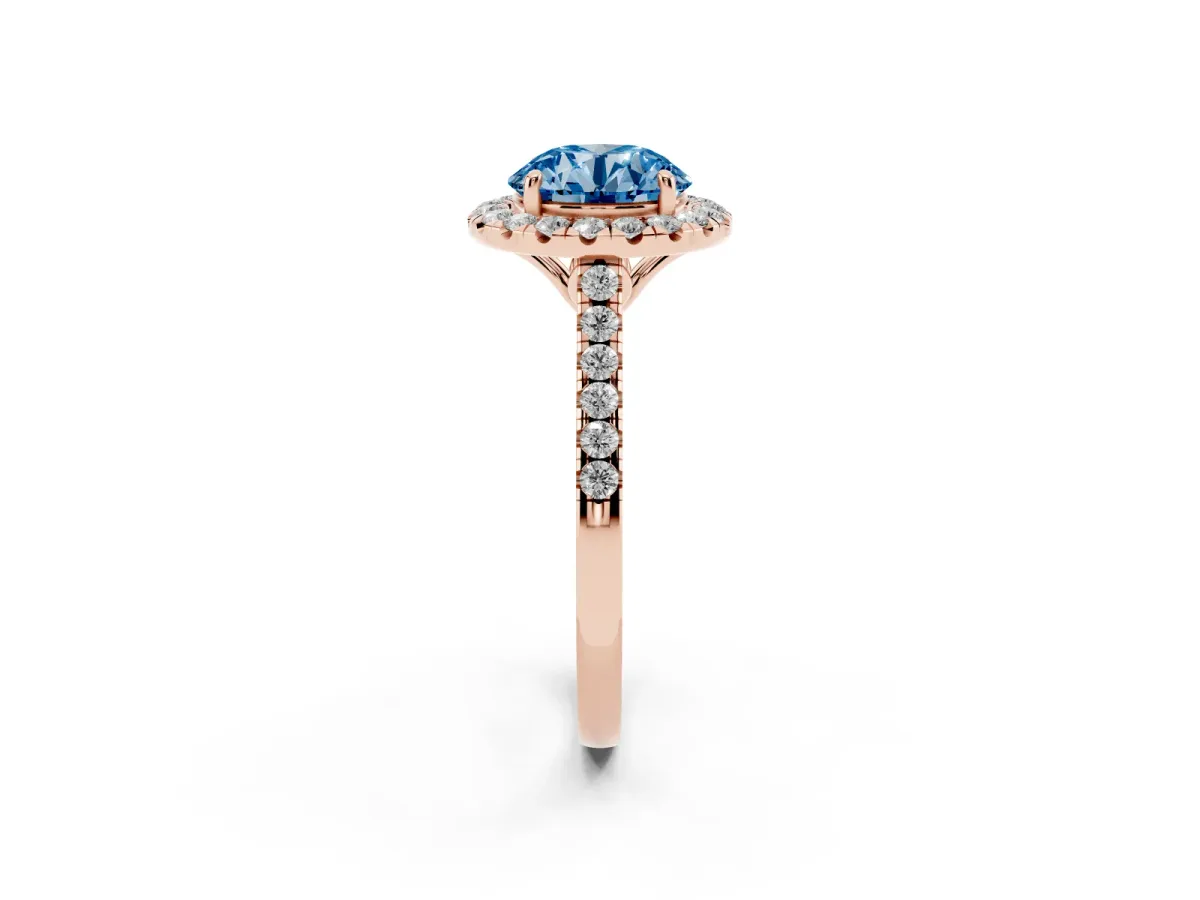 Fancy Blue Round Cut Halo Pavé Diamond Engagement Ring with Four-Prong Setting Rose gold