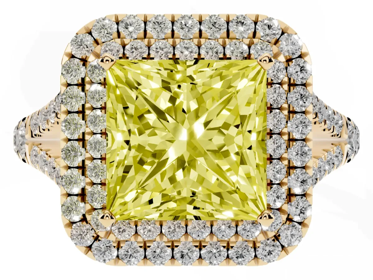 Fancy Yellow Double Halo Princess Cut Diamond Split Shank Engagement Ring with Four-Prong Setting Yellow gold