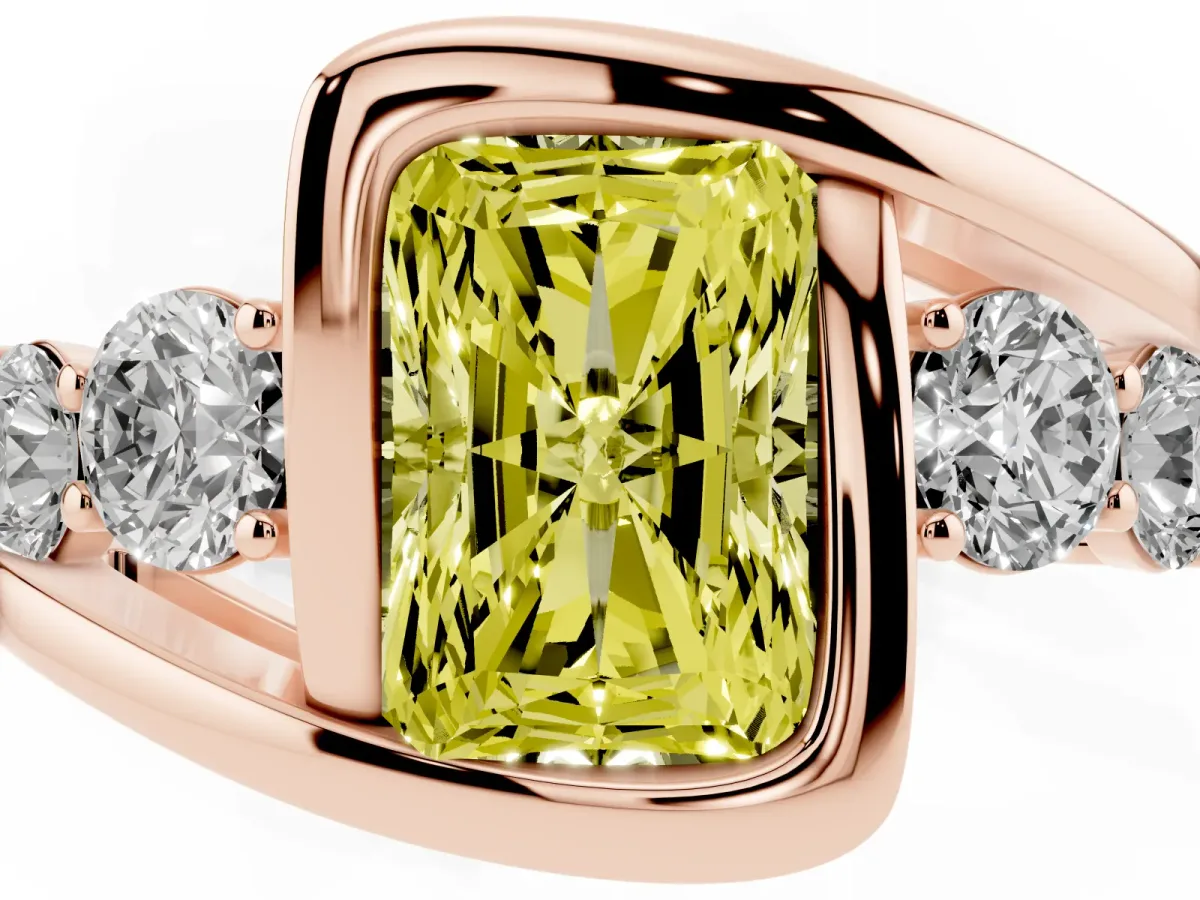 Fancy Yellow Bezel Set Radiant Cut Diamond Bypass Ring with Round Accents Rose gold