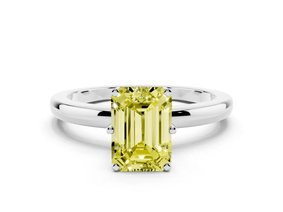 Fancy Yellow Emerald Cut Solitaire Diamond Ring with Six-Prong Setting on a Classic Band Platinum