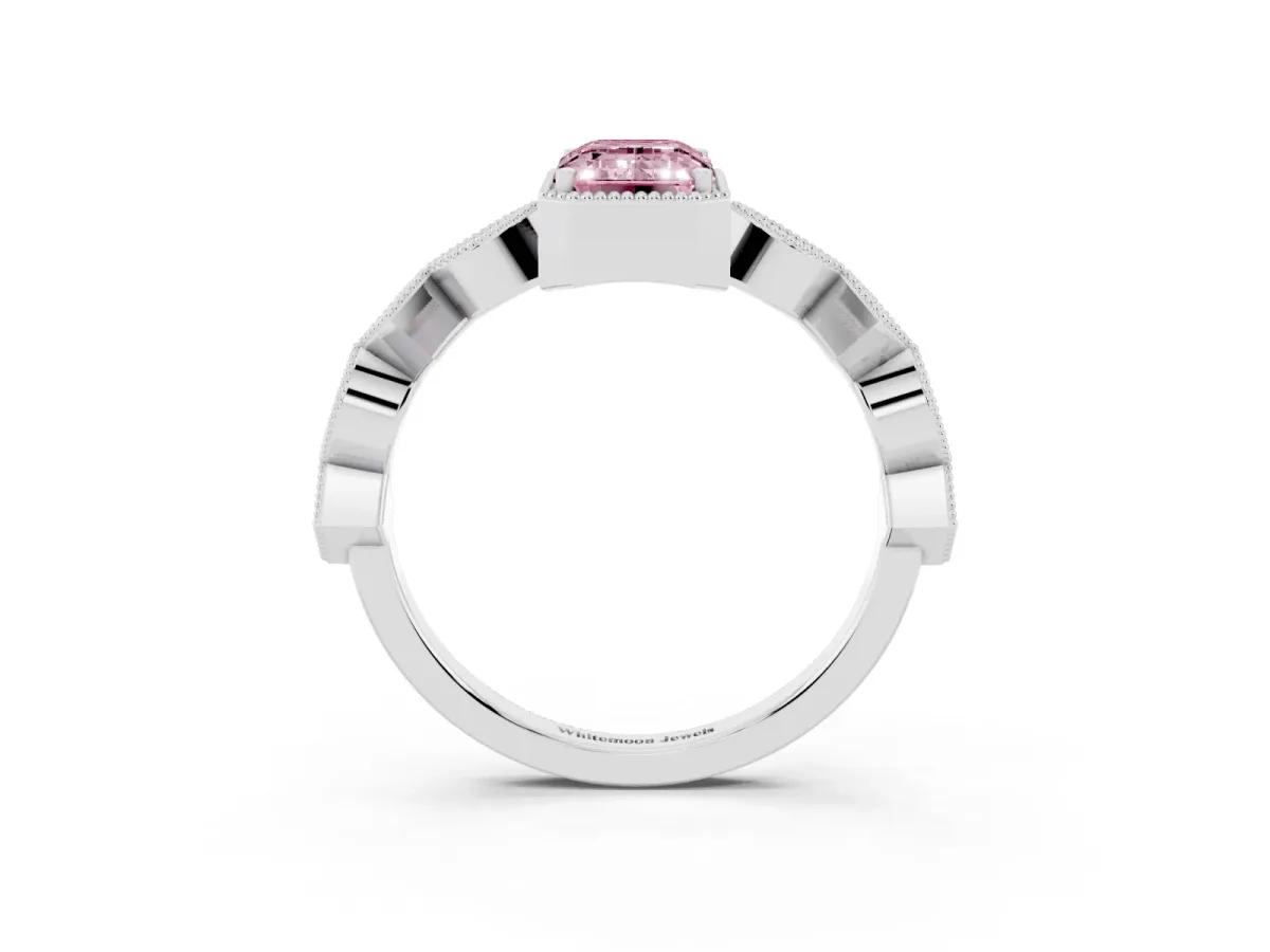 Fancy Pink Emerald Cut Milgrain Marquise Diamond Twist Band Ring Silver