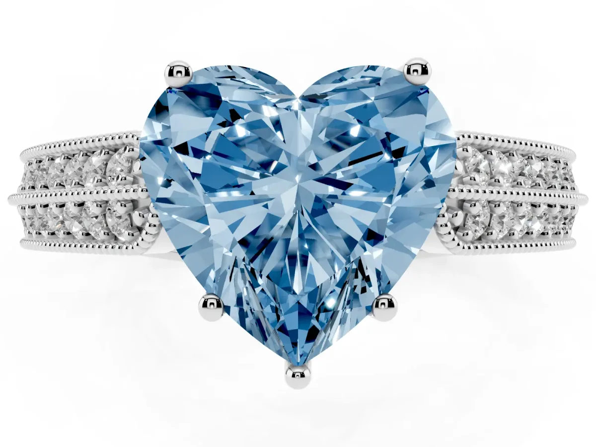 Fancy Blue Heart Cut Cut Pave Split Shank Engagement Ring with Four-Prong Setting Silver