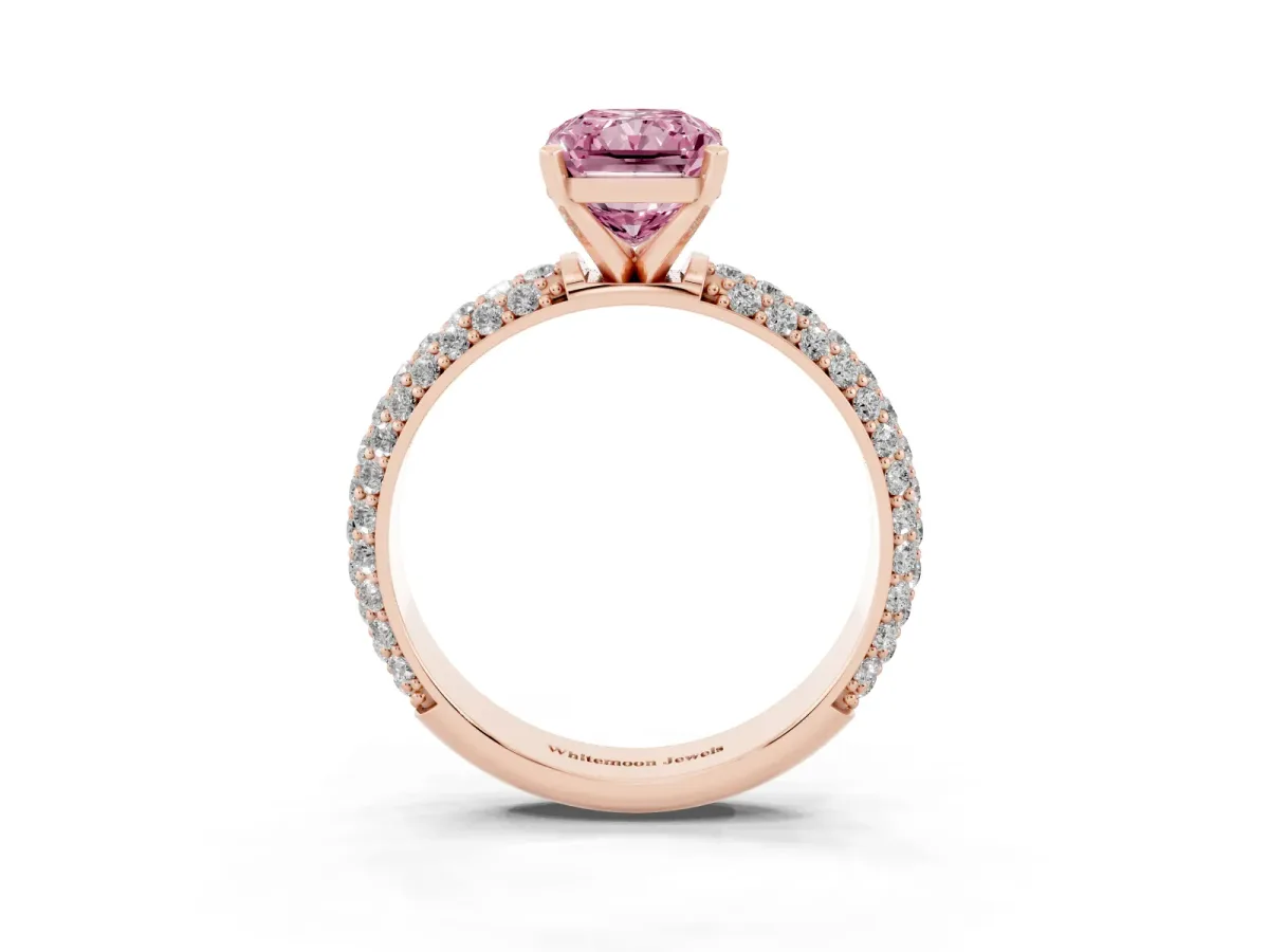 Fancy Pink Radiant Cut Diamond Solitaire Ring with Prong Setting and Pavé Band Rose gold