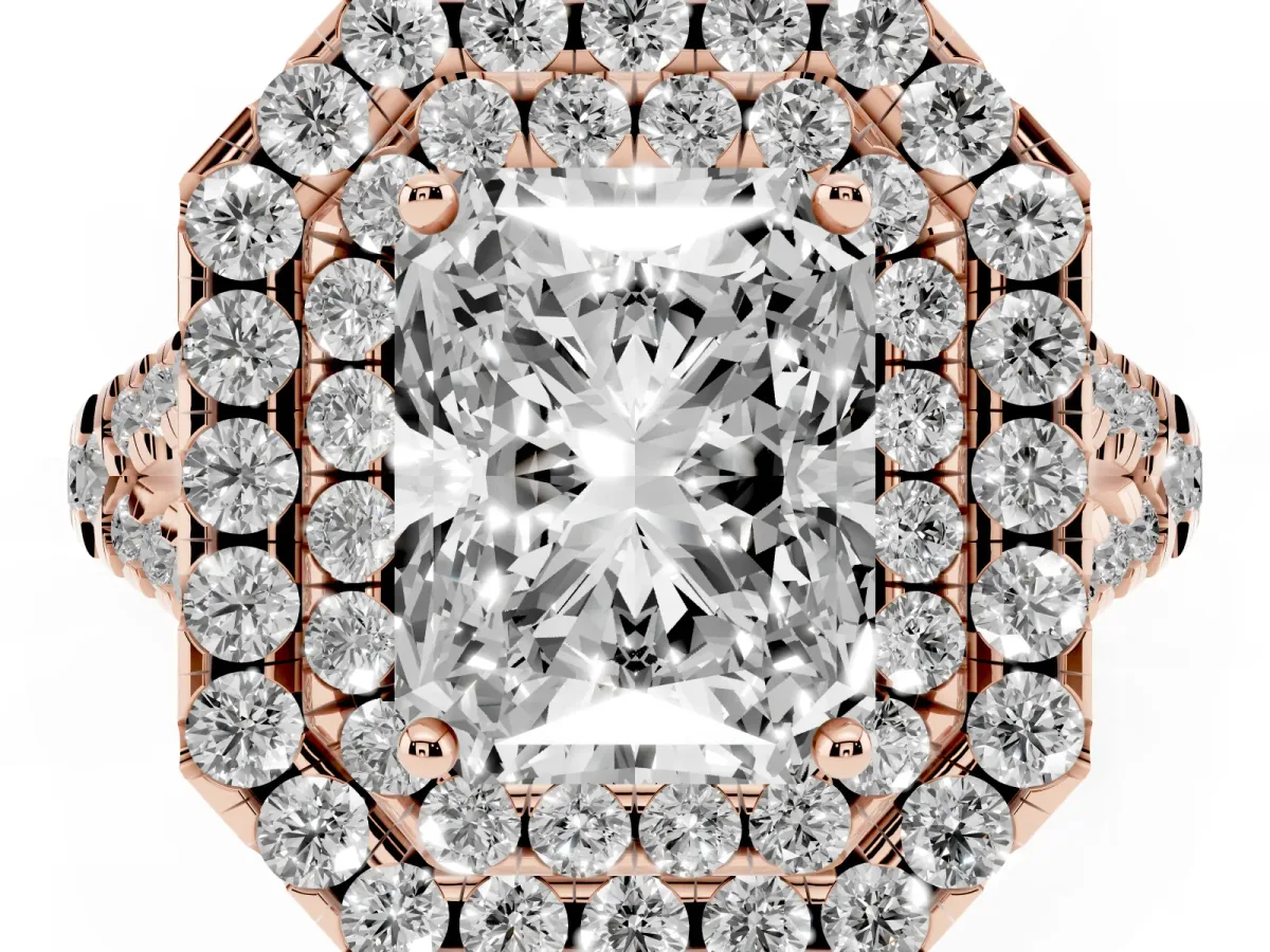 Double Halo Radiant Cut Diamond Pavé Split Shank Ring with Prong Setting Rose gold