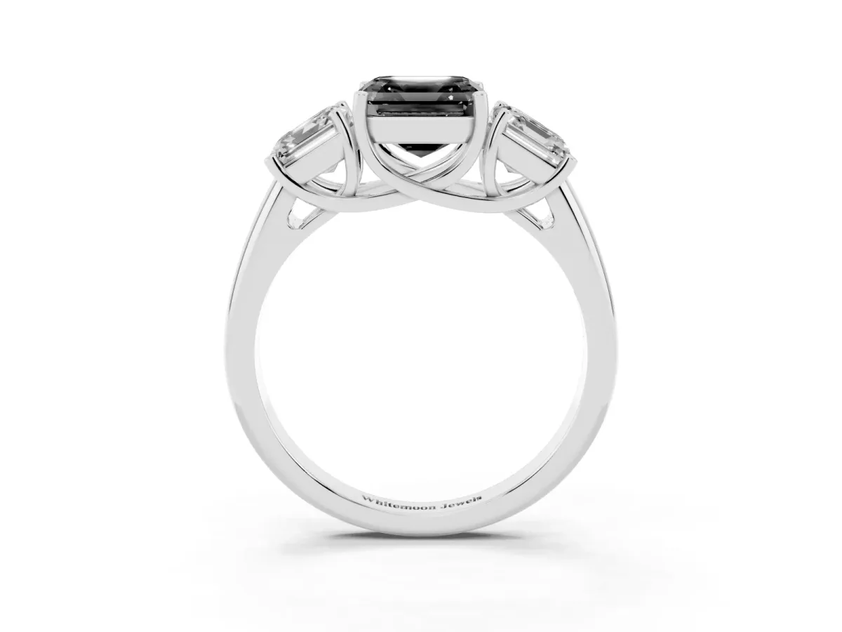 Fancy Black Three-Stone Asscher Cut Diamond Engagement Ring with Prong Setting Platinum