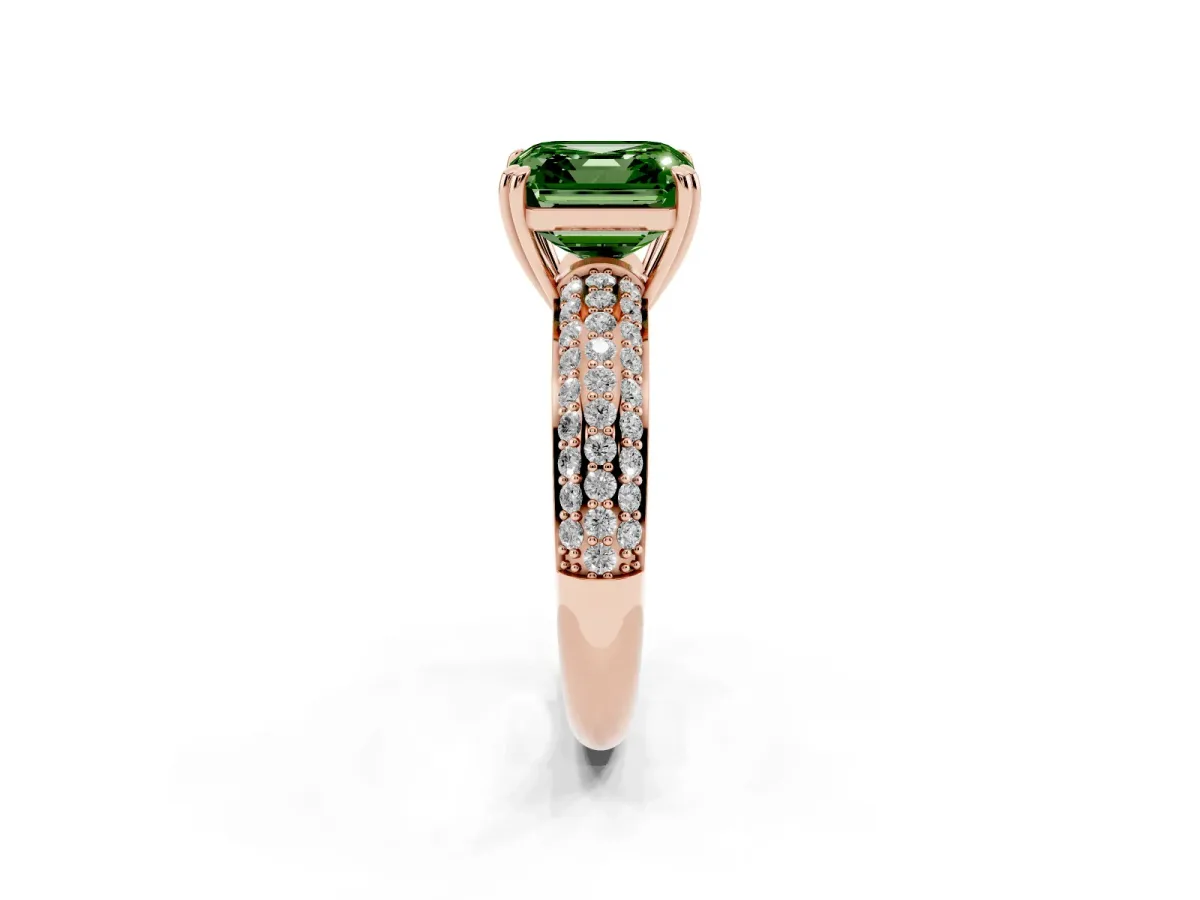 Fancy Green Asscher Cut Diamond Solitaire Ring with Multi-Row Round Pavé Band and Prong Setting Rose gold