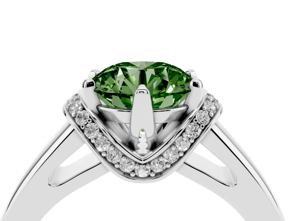 Fancy Green Round Cut Solitaire Diamond Ring with Pave Band and Six-Prong Setting Platinum