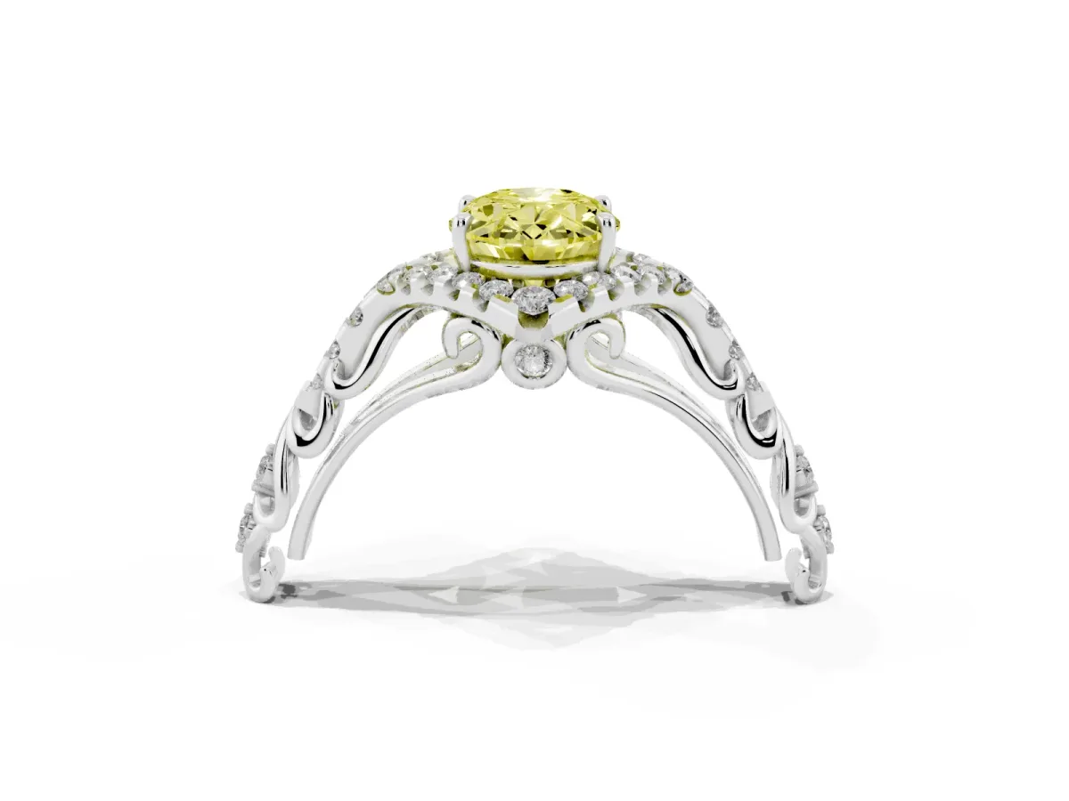 Fancy Yellow Oval Cut Diamond Solitaire Ring with Hidden Halo and Pavé Band Silver