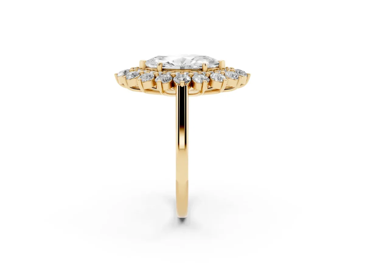 Marquise Cut Diamond Floral Double Halo Engagement Ring with Prong Setting Yellow gold