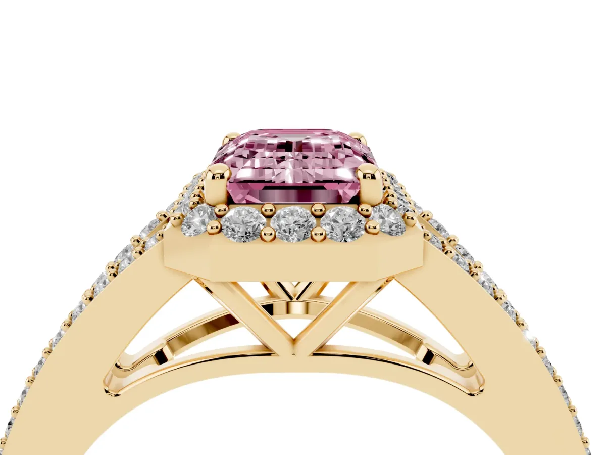 Fancy Pink Emerald Cut Halo Split Shank Diamond Ring with Prong Setting Yellow gold