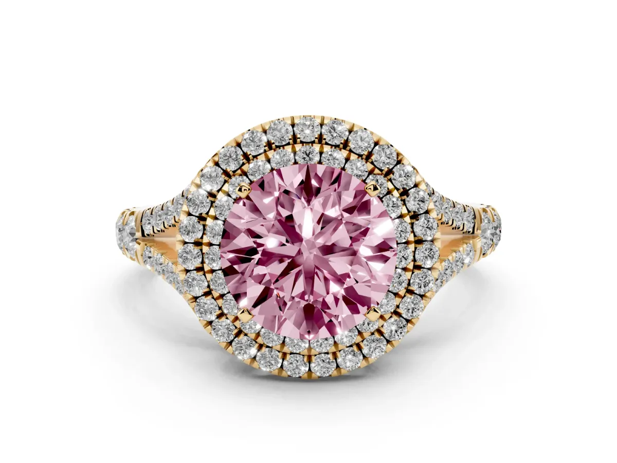 Fancy Pink Round Cut Diamond Pavé Split Shank Double Halo Engagement Ring Yellow gold