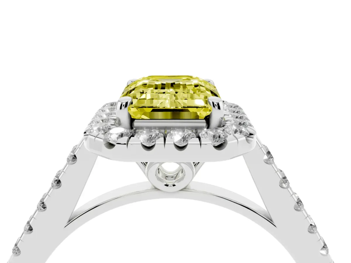 Fancy Yellow Emerald Cut Halo Pavé Diamond Engagement Ring with Four-Prong Setting Silver