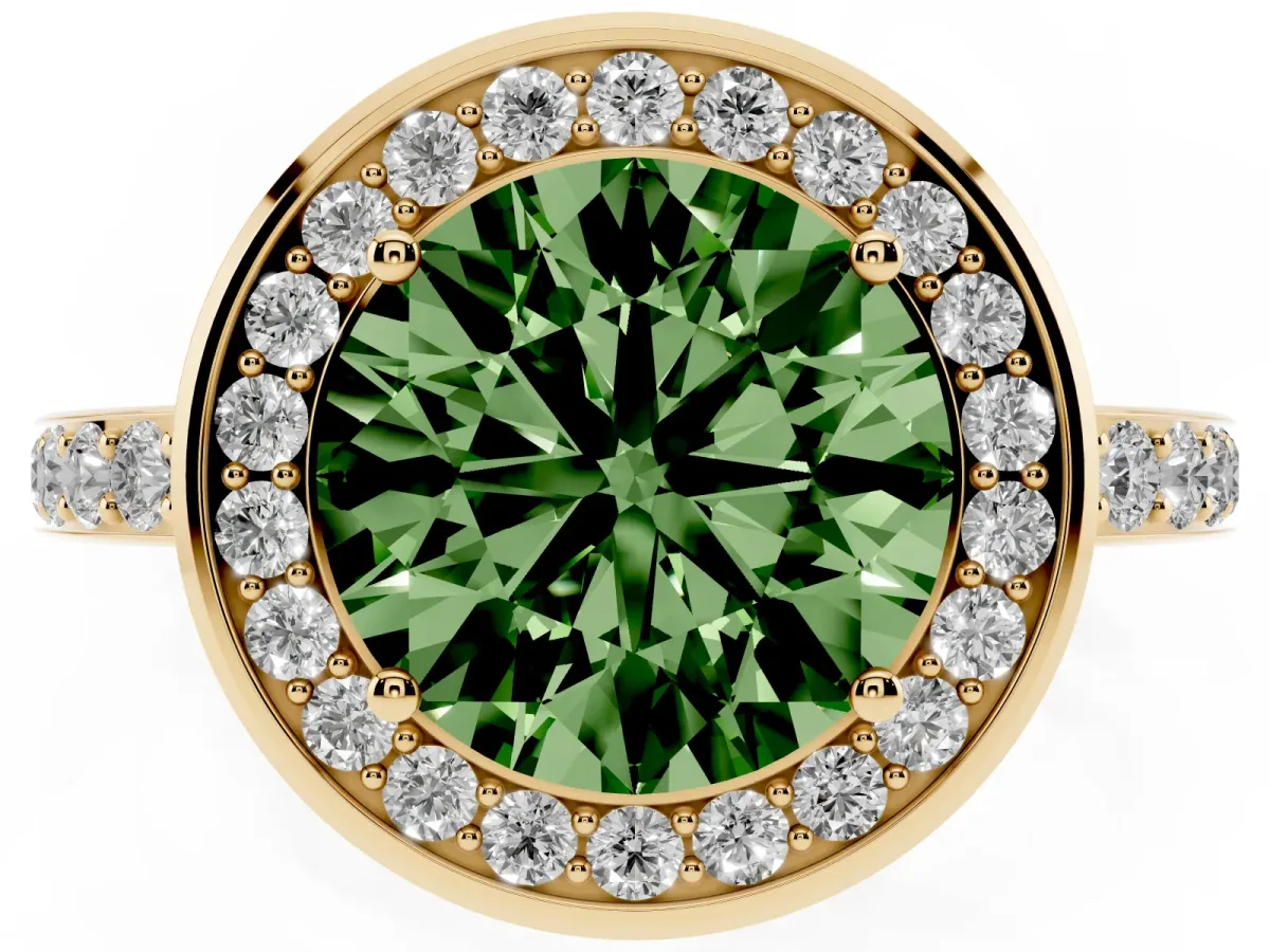 Fancy Green Round Cut Diamond Halo Ring with Bezel Frame and Pavé Band Yellow gold