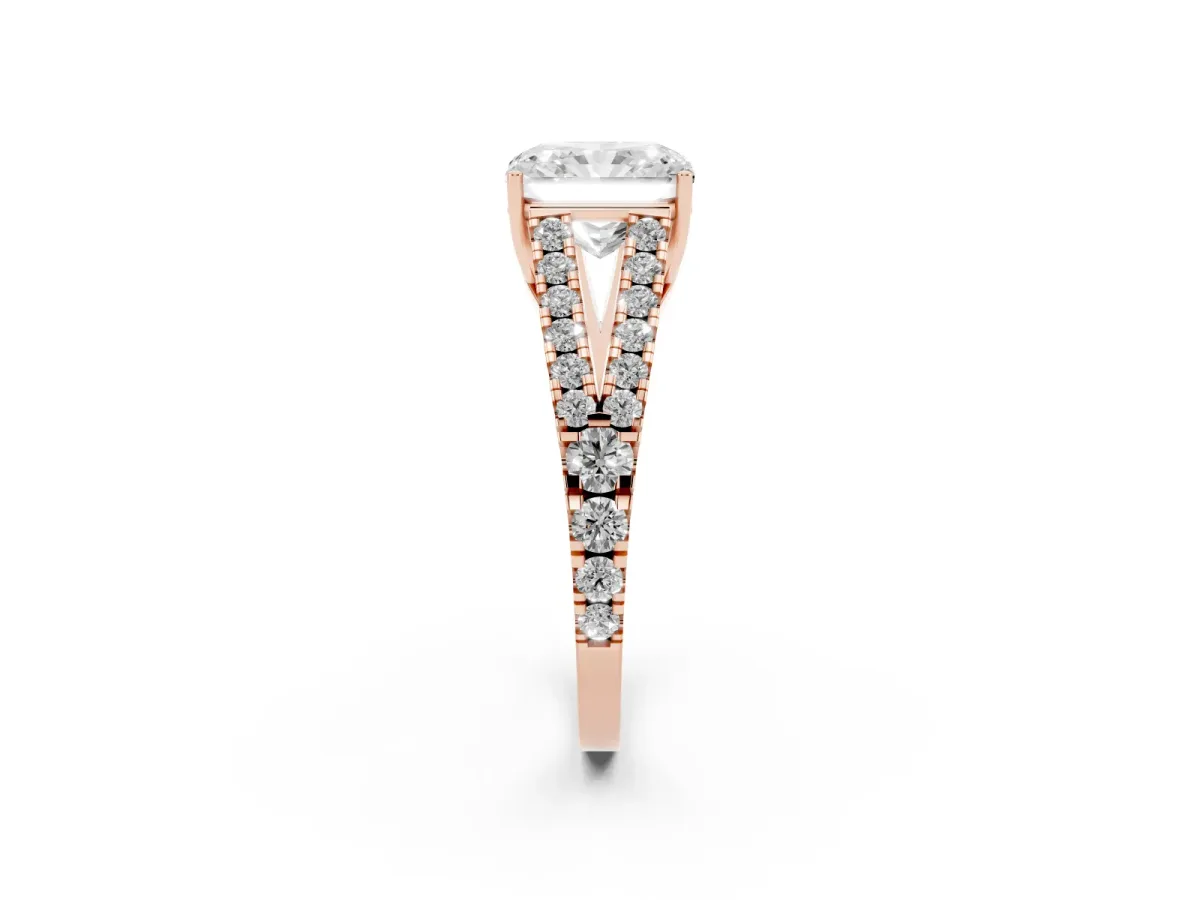 Radiant Cut Diamond Split Shank Engagement Ring with Round Pavé and Prong Setting Rose gold