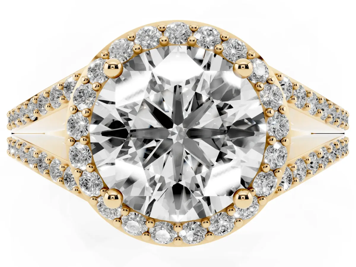 Round Cut Halo Split Shank Diamond Ring with Prong Setting Yellow gold