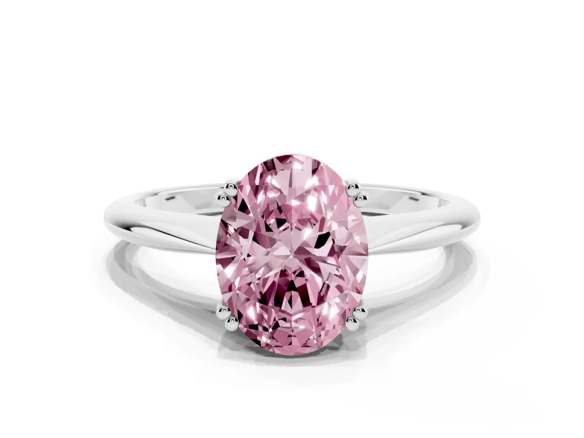 Fancy Pink Oval Cut Solitaire Diamond Ring with Six-Prong Setting and Classic Band Silver